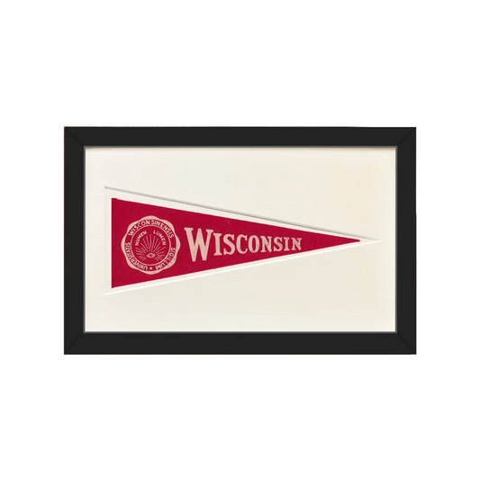 Vintage Wisconsin wool felt pennant in red and white, framed