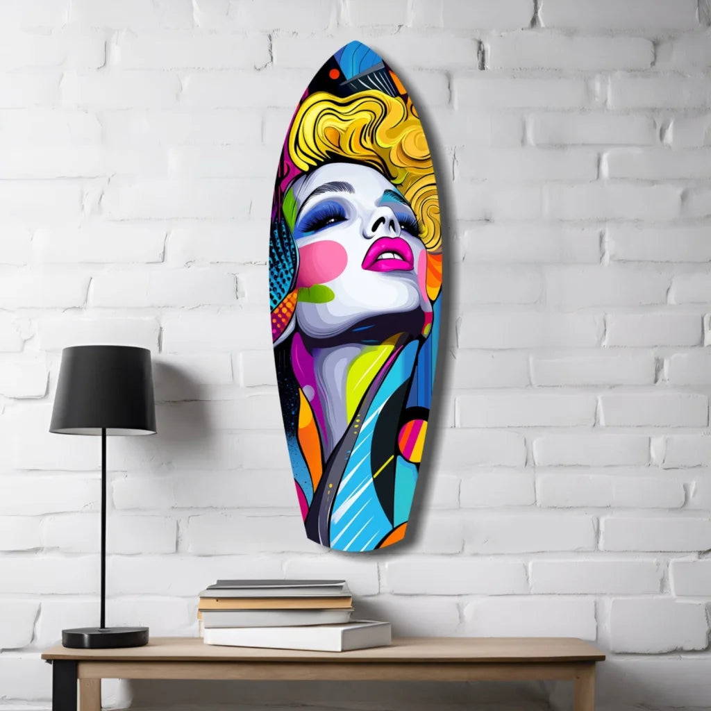 Vintage Woman Pop Art Surfboard Tempered Glass Wall Decor | Contemporary Home Wall Art | vintageantiquesgifts.com