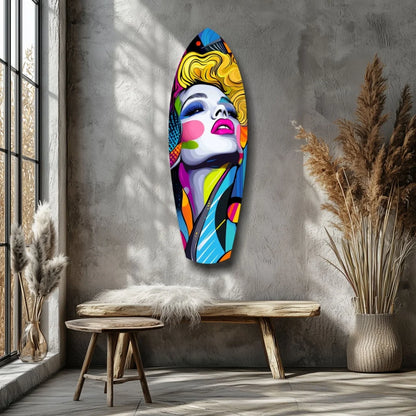 Vibrant pop art tempered glass surfboard wall decor of stylized blonde woman