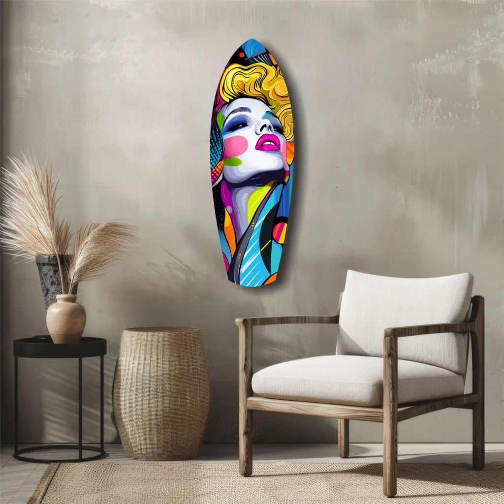 Vibrant pop art tempered glass surfboard wall decor with stylized woman face
