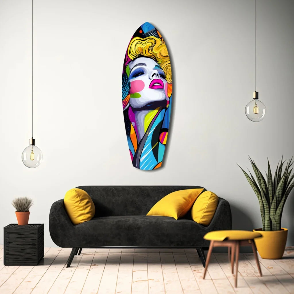 Vibrant vintage woman pop art surfboard tempered glass wall decor
