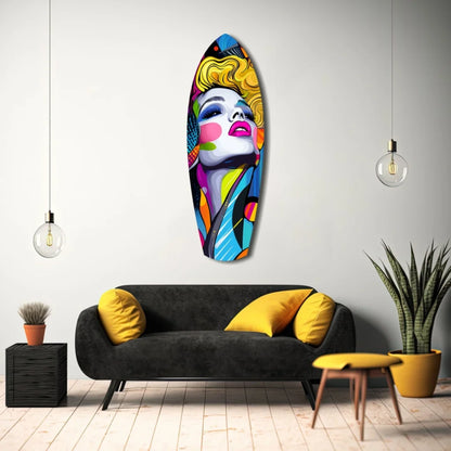 Vibrant vintage woman pop art surfboard tempered glass wall decor