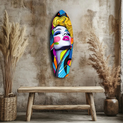 Vintage Woman Pop Art Surfboard Tempered Glass Wall Decor | Modern Wall Art Decor | vintageantiquesgifts.com