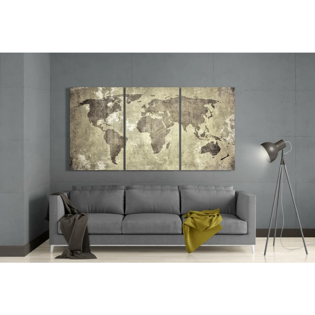 Vintage world map canvas wall art three panel set in aged beige gray