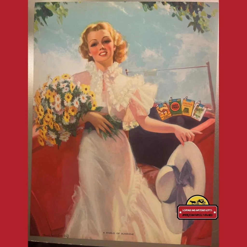 Vintage illustration of a smiling blonde in white dress with flowers and Lucky Strike packs