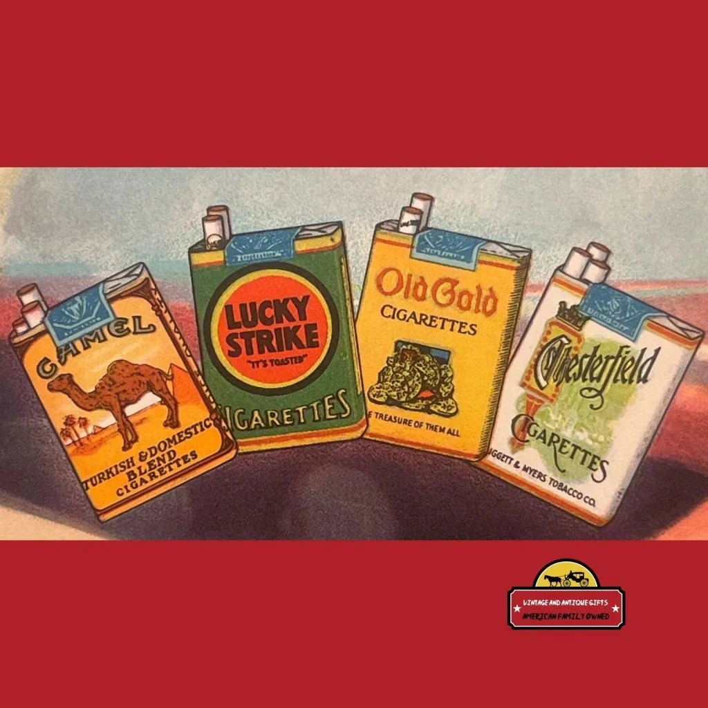 Four vintage cigarette packs showcasing Lucky Strike and other antique brands