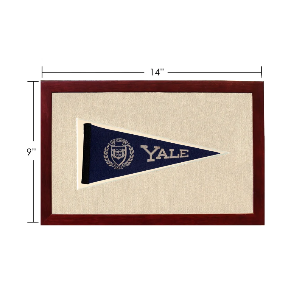Framed vintage Yale pennant in navy blue with white embroidered lettering