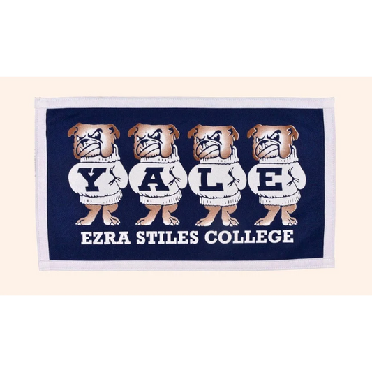 Yale University vintage towel with cartoon bulldogs in Yale sweaters