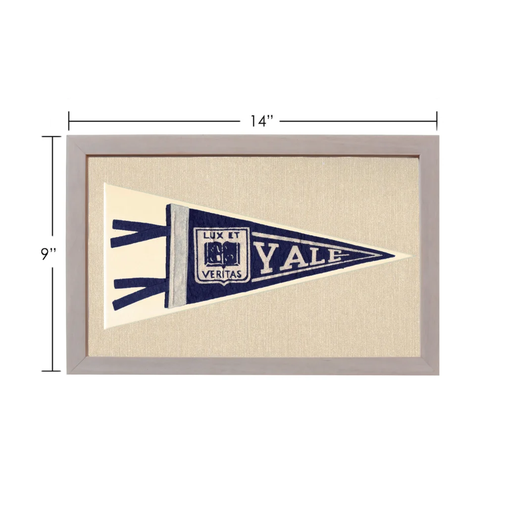 Vintage Yale University pennant framed with navy blue fabric and crest