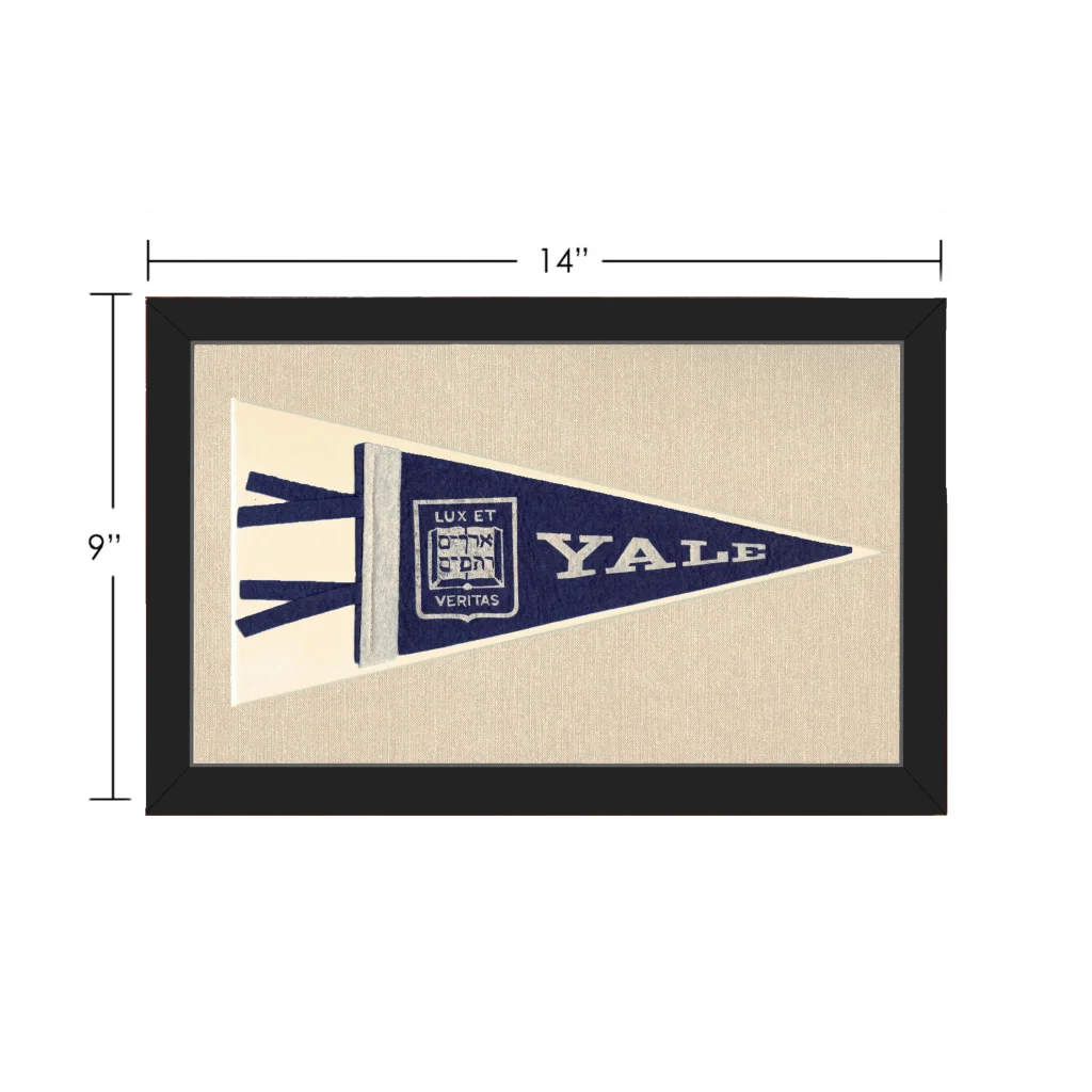 Vintage Yale University pennant in navy blue and cream with Lux et Veritas embroidery, black frame