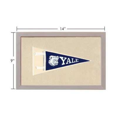 Framed vintage Yale University pennant with navy blue bulldog