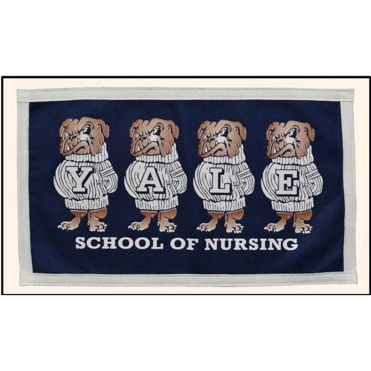 Vintage Yale University nursing banner with embroidered navy blue flag and cartoon bulldogs