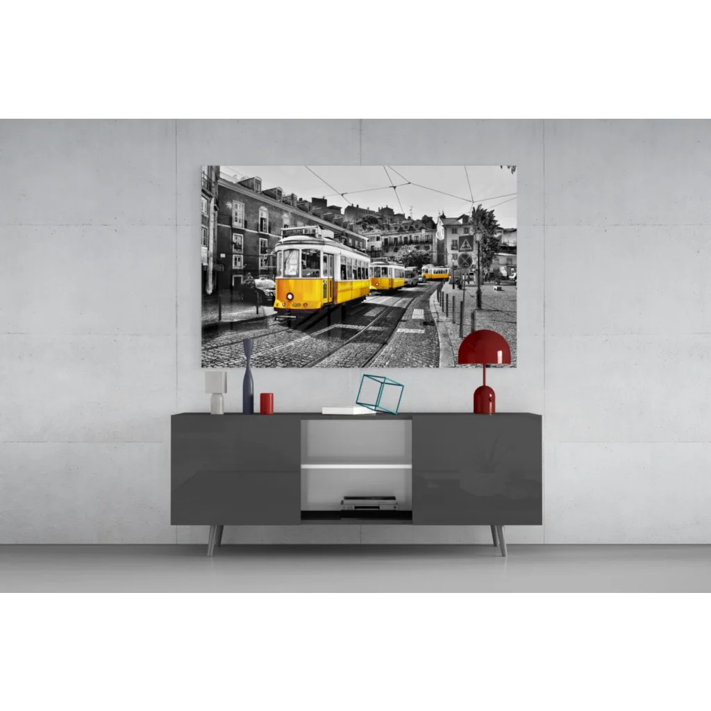 Vintage yellow tram in black-and-white wall art print
