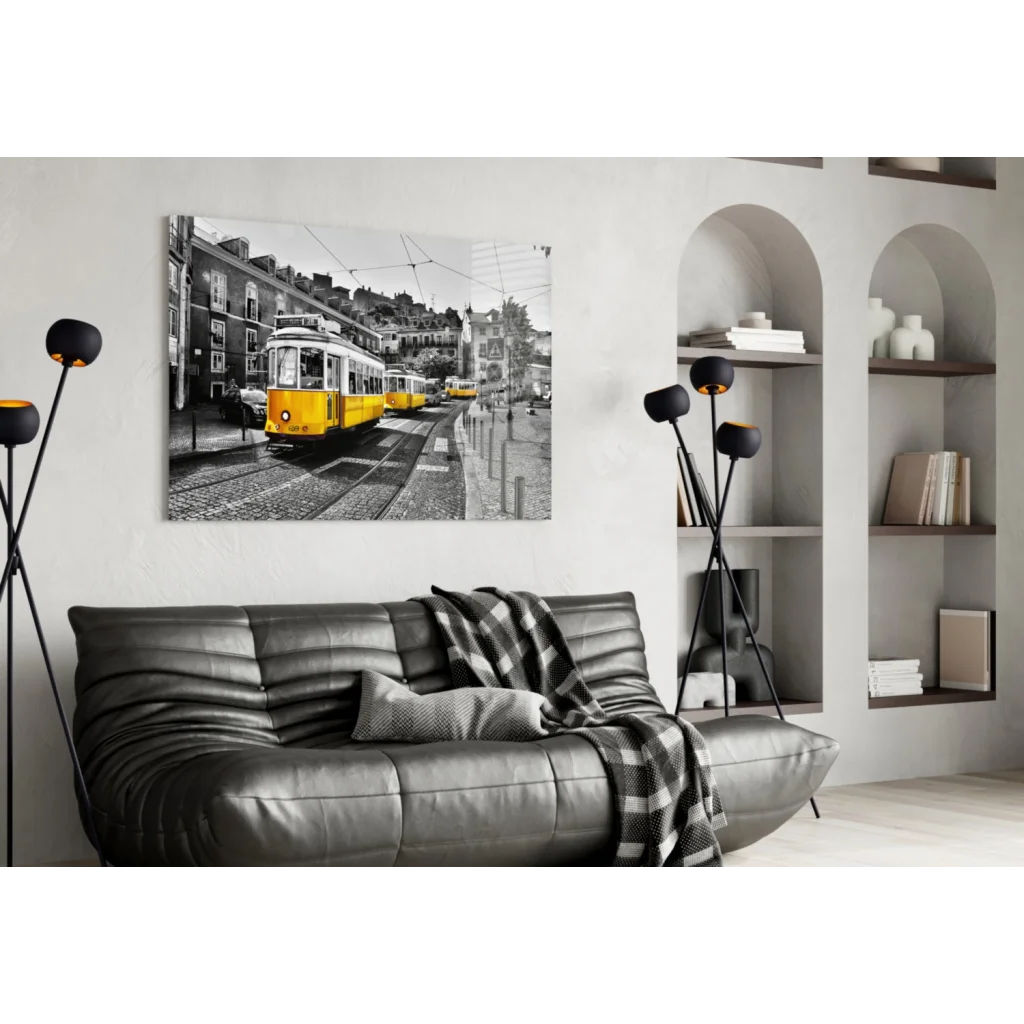 Vibrant yellow vintage tram in black-and-white wall art print