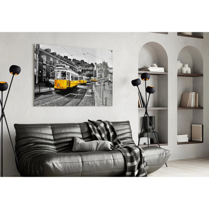 Vibrant yellow vintage tram in black-and-white wall art print