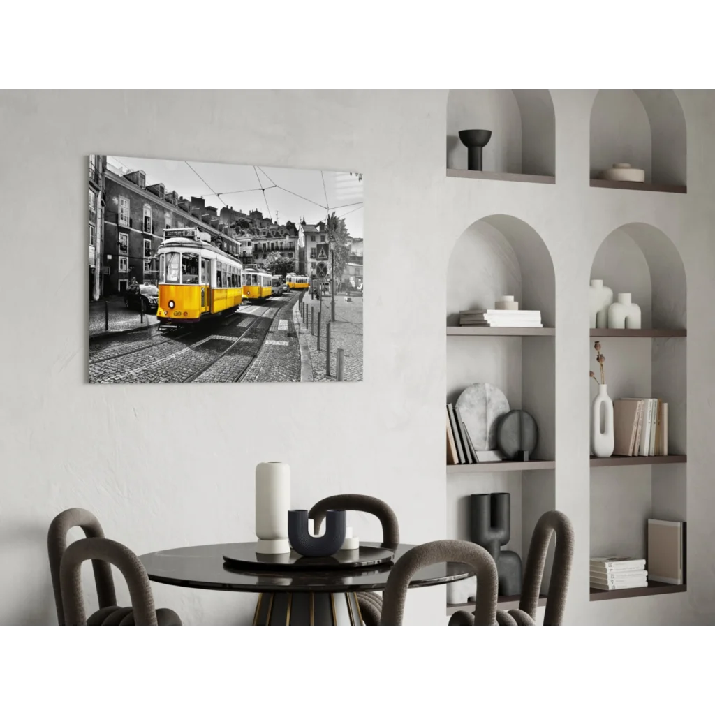Vibrant yellow vintage tram in black-and-white wall art print