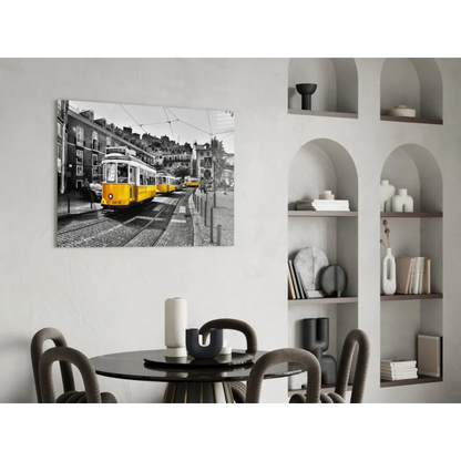 Vibrant yellow vintage tram in black-and-white wall art print