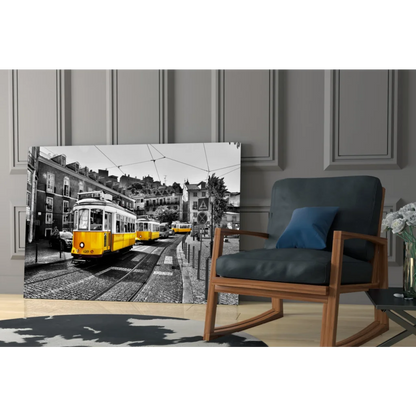 Vibrant yellow vintage tram in black-and-white cityscape wall art canvas print
