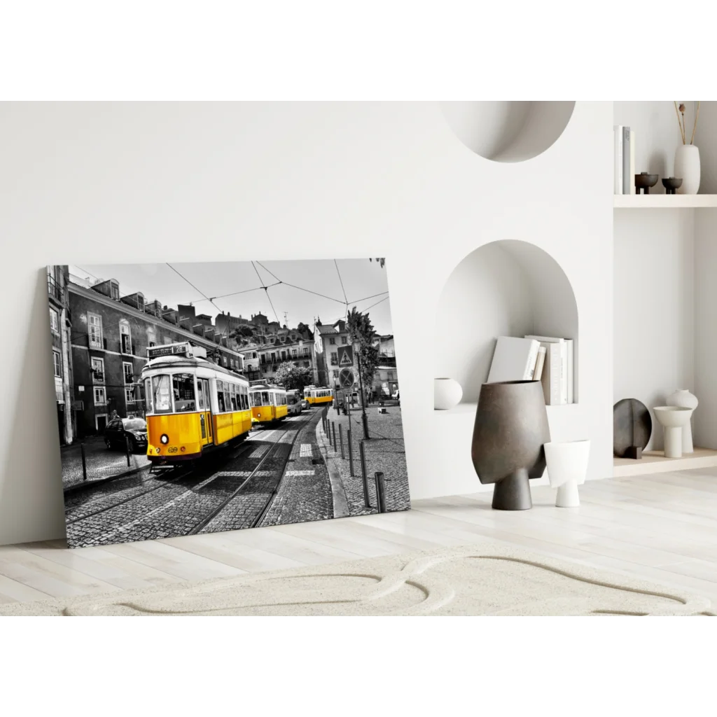 Vintage yellow tram in selective color black and white canvas wall art