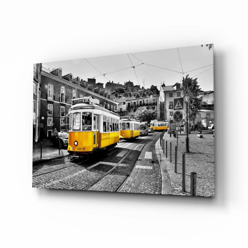 Vibrant yellow vintage tram on black-and-white canvas wall art print