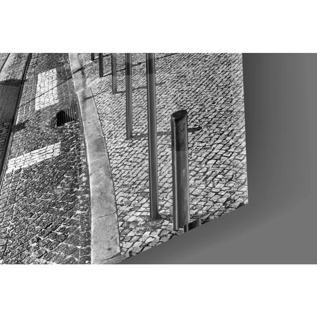 Vintage yellow tram wall art print with metal bollard on cobblestones