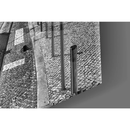 Vintage yellow tram wall art print with metal bollard on cobblestones