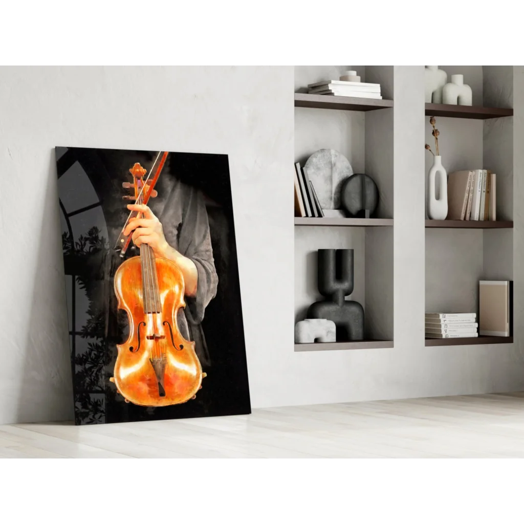 Vibrant orange violin glass wall art on minimalist white wall
