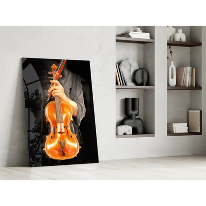 Vibrant orange violin glass wall art on minimalist white wall