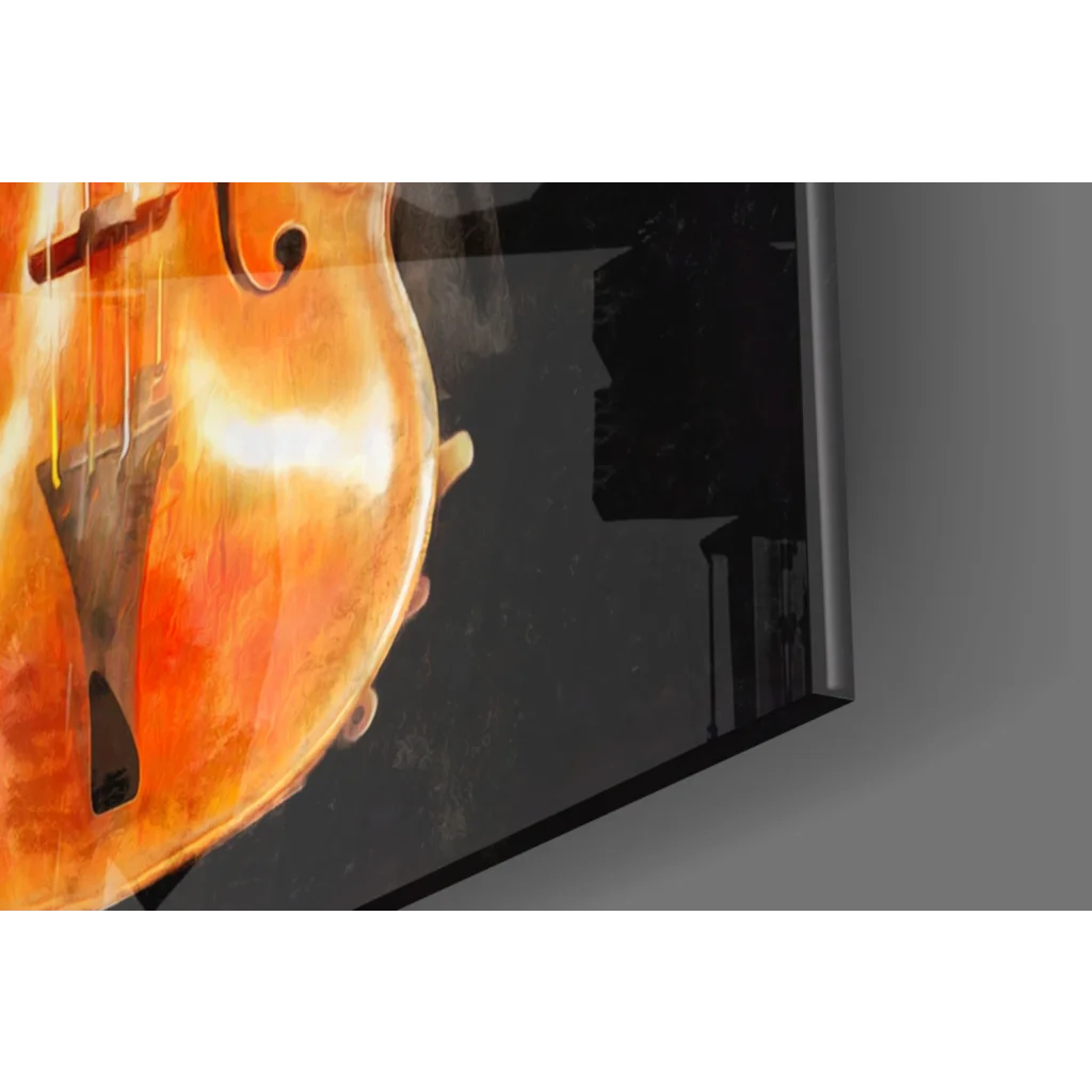 Vibrant watercolor cello in orange hues on glass wall art