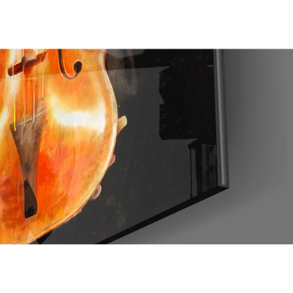 Vibrant watercolor cello in orange hues on glass wall art