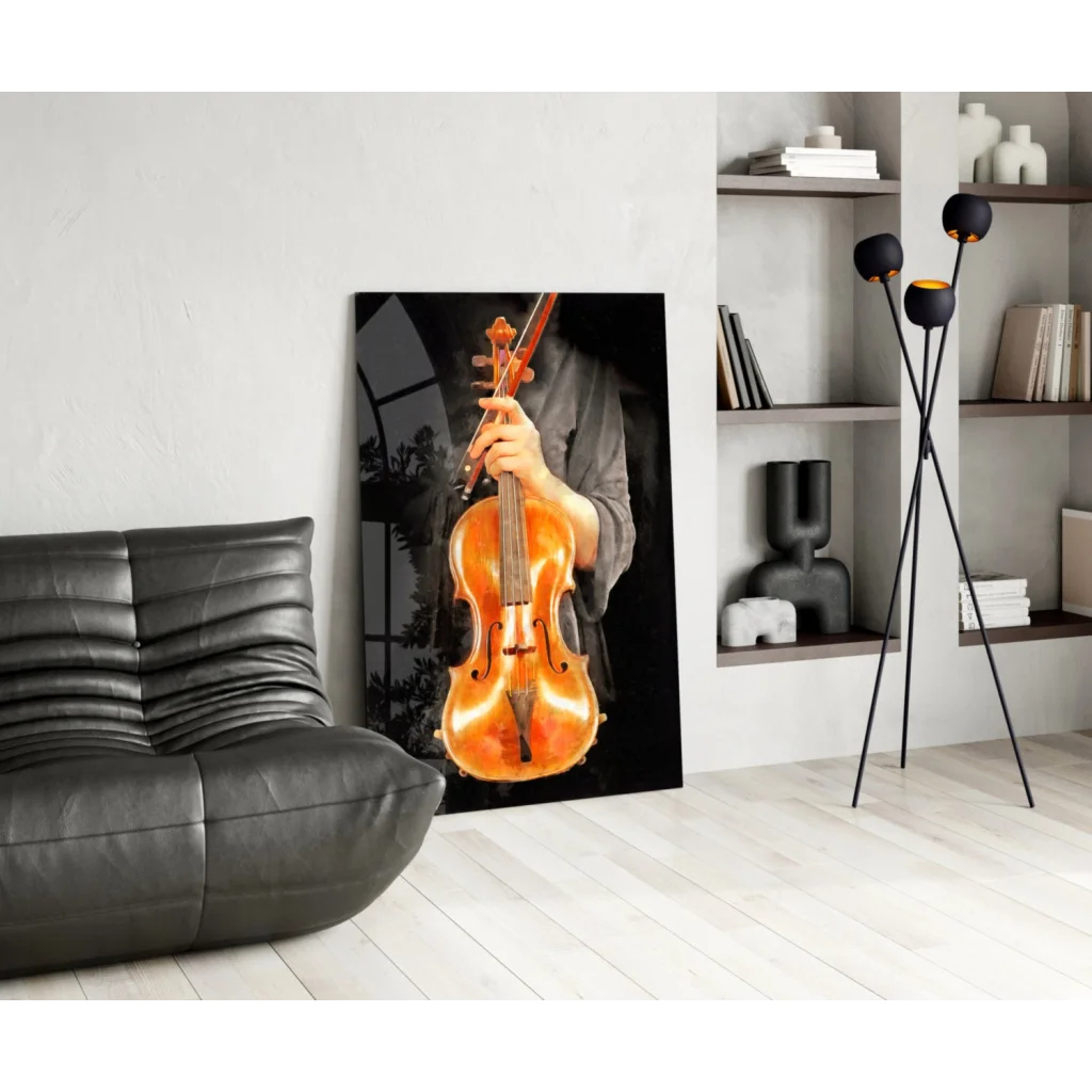 Vibrant orange cello on glossy glass wall art canvas print