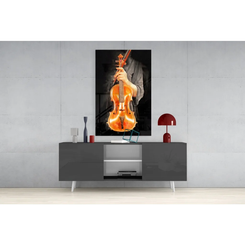 Vibrant orange violin glass wall art on minimalist gray wall above console table