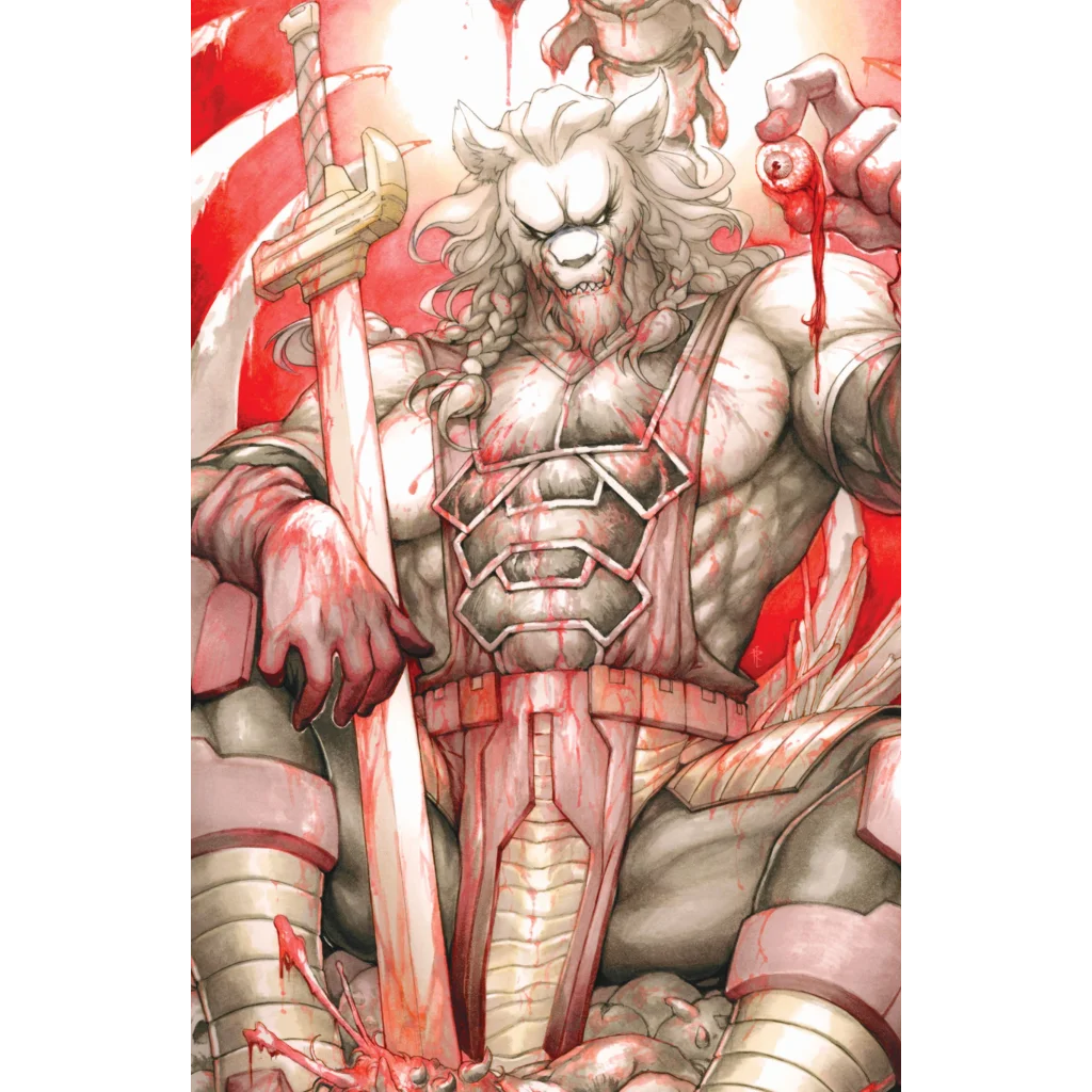 Virgin Cover Rachta Lin Beast Warrior comic collectible featuring a blood-soaked lion-headed creature