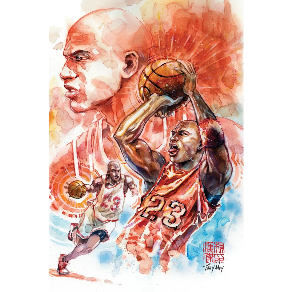 Watercolor painting of Michael Jordan in various poses for FAME Michael Jordan Unknown Comics