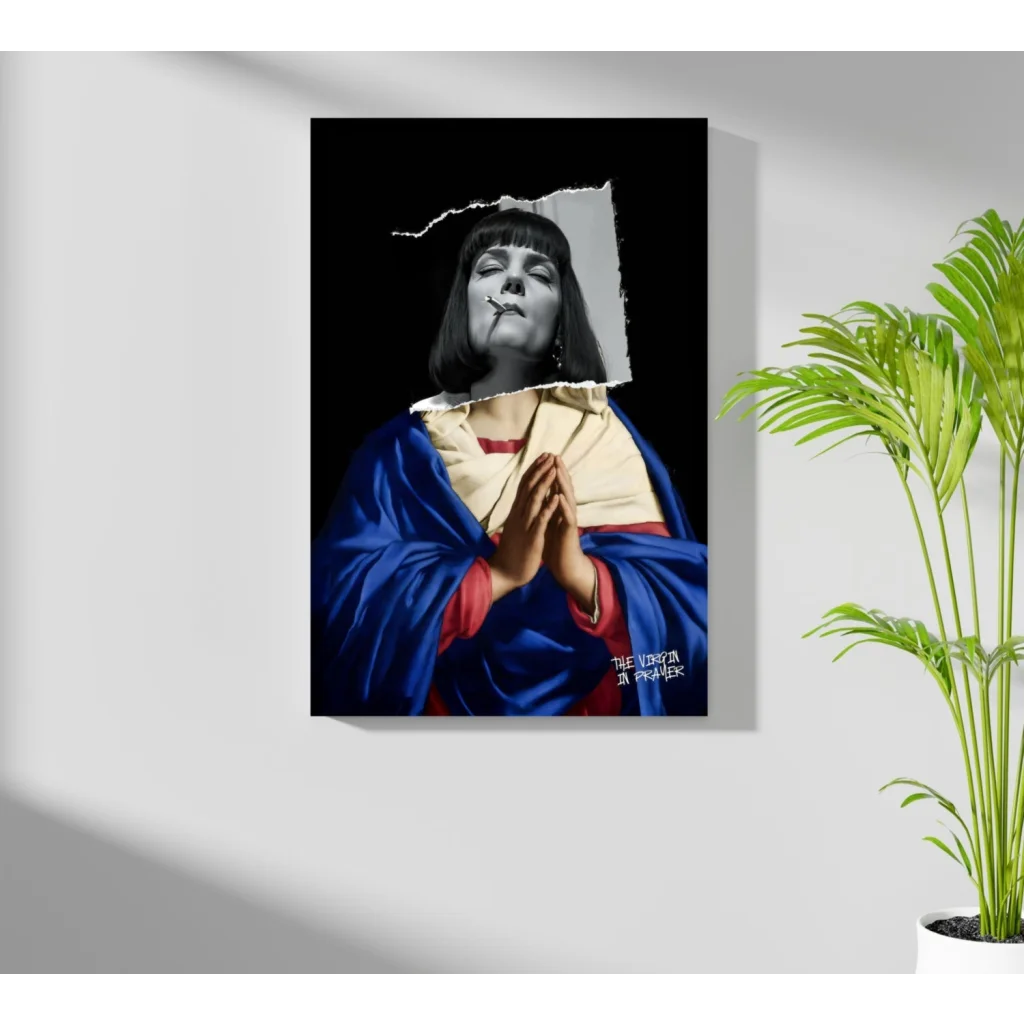Stylized smoking Madonna in blue red robes on Insigne aluminum prints