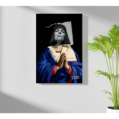 Stylized smoking Madonna in blue red robes on Insigne aluminum prints