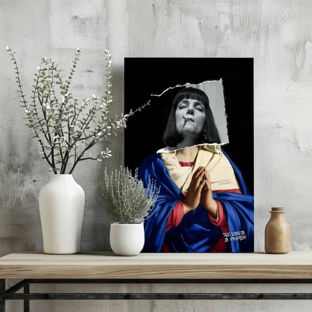 Insigne aluminum prints of torn paper Smoking Madonna wall art in black-and-white
