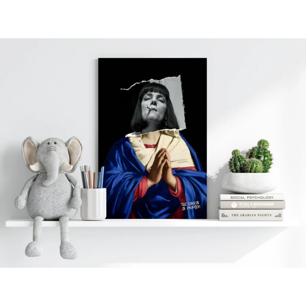 Striking black-and-white Insigne Aluminum Prints of woman in blue robe, torn paper background