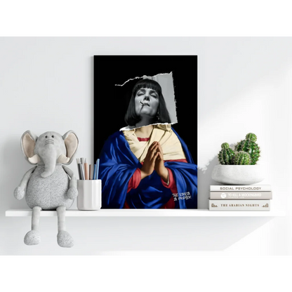 Striking black-and-white Insigne Aluminum Prints of woman in blue robe, torn paper background