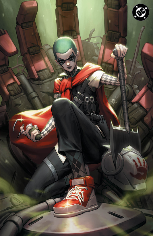 Harley Quinn in red and black costume with green face mask stands posed with staff before large red mechanical suits in green-tinted environment, DC logo visible upper right.