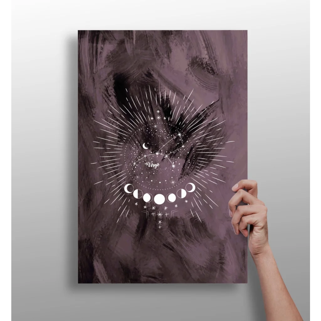Cosmic Virgo insigne aluminum print with purple moon phases and stars