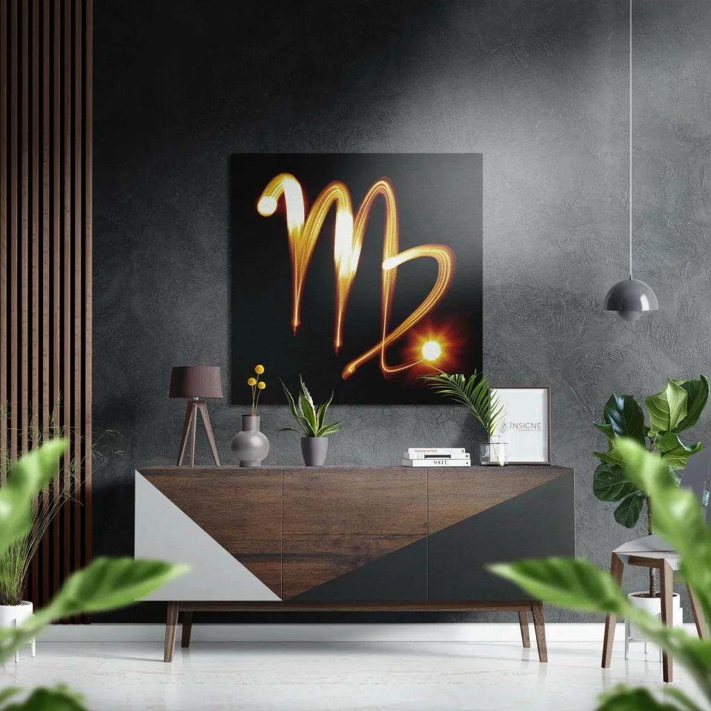 Glowing gold Virgo zodiac on brushed aluminium dibond wall art