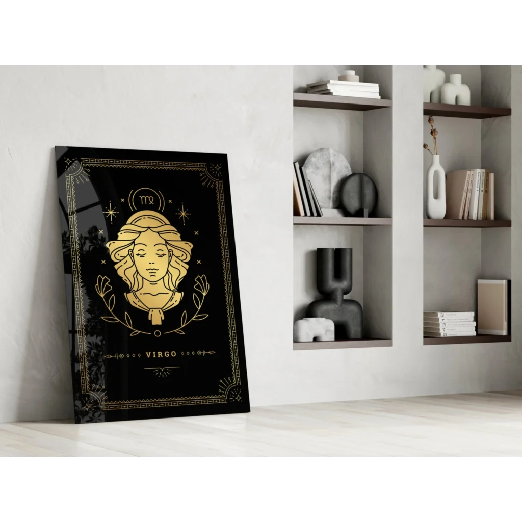 Virgo zodiac gold foil glass wall art on black canvas