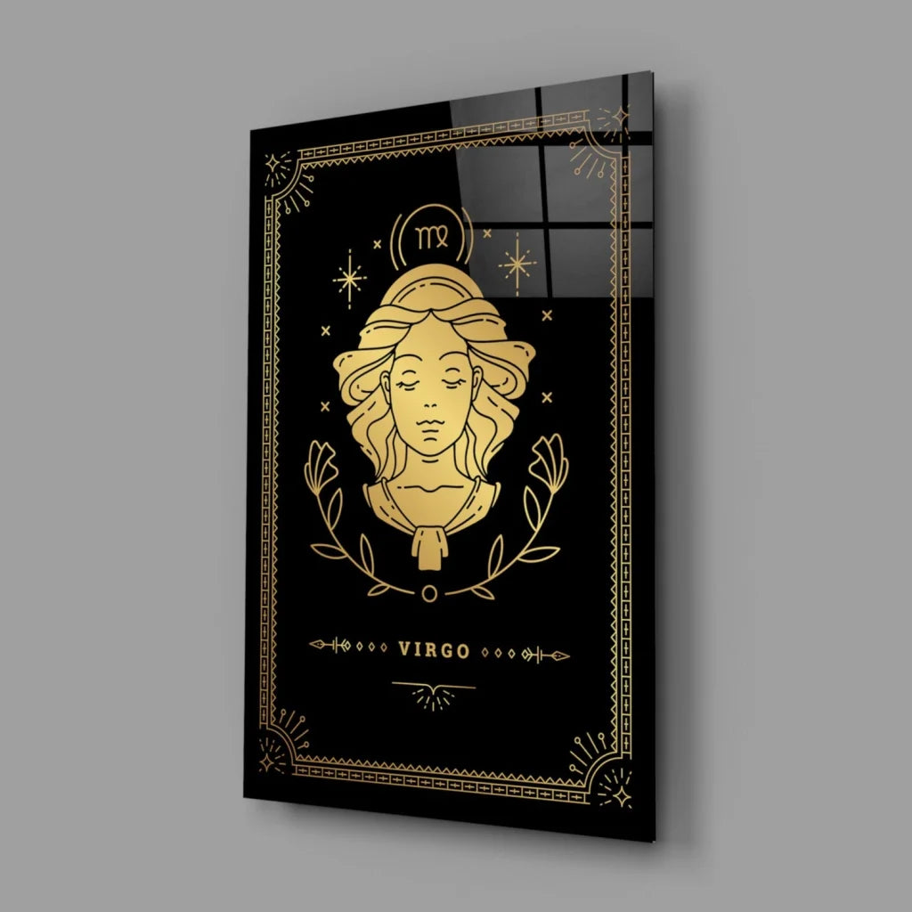 Virgo zodiac gold foil glass wall art on black canvas print