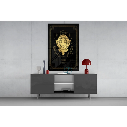 Black and gold Virgo zodiac glass wall art with laurel-adorned face