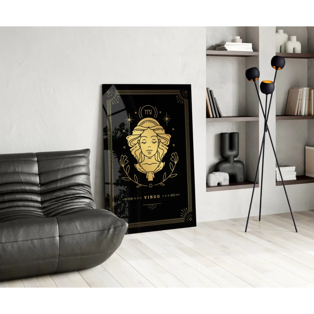 Stylized black and gold Virgo zodiac glass wall art on canvas