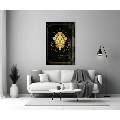 Black and gold Virgo zodiac glass wall art with intricate foil design