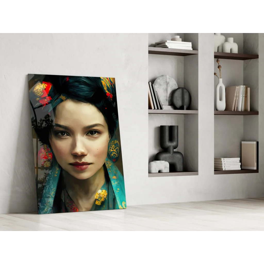 Vibrant glass wall art portrait of traditional East Asian beauty in teal and gold