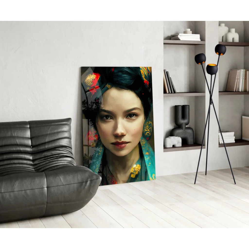 Vibrant teal gold East Asian beauty woman glass wall art canvas print