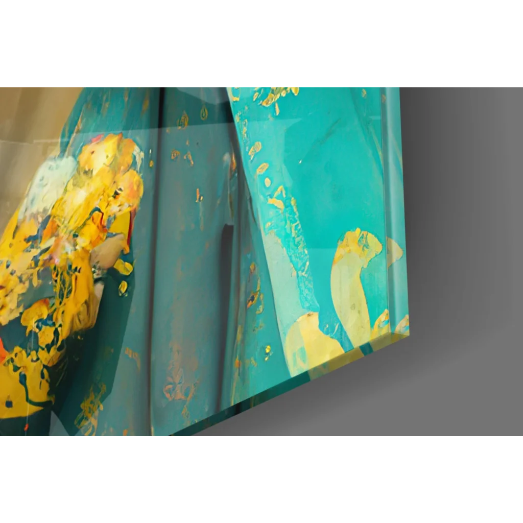 Vibrant yellow teal glass wall art with gold accents on transparent panel